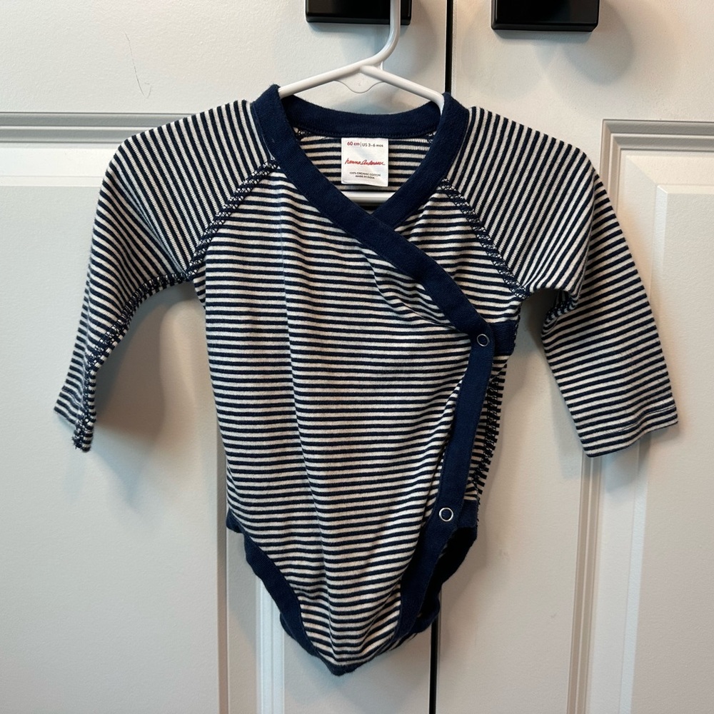 Hanna Andersson Baby Kimono Long Sleeve Bodysuit Blue/White Stripe (Sz 60/3-6Mo)